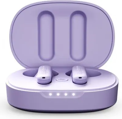 A pair of violet wireless earbuds in their charging case.