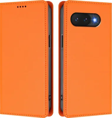 Image de Étui en cuir pour Google Pixel 9A, étui à rabat magnétique en cuirPolyuréthaneavec support, orange