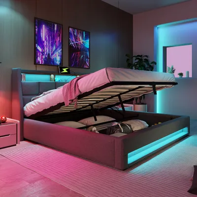 Obrázok produktu pre Čalúnená posteľ Sweiko s USB 160x200cm, LED manželská posteľ s lamelovým kovovým rámom, rám postele z ľanového materiálu, posteľ pre mladých