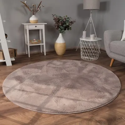 Produktbild von Teppich Kurzflor waschbar Einfarbig Wohnzimmer schmutzabweisend Taupe Rund 120D | 100% Polyester | Florhöhe: 10 mm | Maschinenwäsche, pflegeleicht