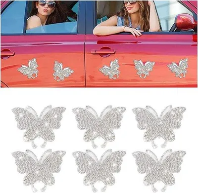 Image de Lot d'autocollants « Automobilien Bling » à strass - 6 autocollants papillon scintillants comme des diamants pour voiture - Blanc
