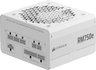 A white Corsair RM750e PC power supply unit is shown from a diagonal front-top angle on a white background.