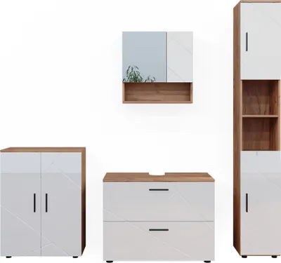 Produktbild von Badmöbel-Set Vicco Irma Weiß Hochglanz/Goldkraft Eiche 4 Teile, mit Schubladenschrank und Midischrank, Model 40543