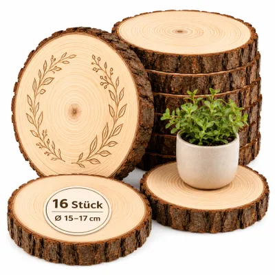 Produktbild von Holzscheiben 16-17 cm, 16 Stück Baumscheiben aus Kiefernholz ohne Loch, 15 mm dick, ungeschliffen, runde Holzscheiben zum Basteln, DIY Deko Hochzeit