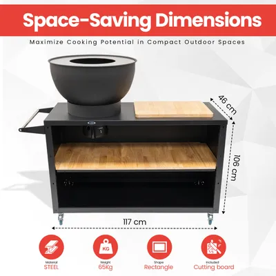 Obrázok produktu pre HEAT Outdoor Living Trolle Black - Vonkajšia kuchyňa - Gril s planchou a roštom - Vonkajší gril Brasero na kolieskach - 117x46x106cm