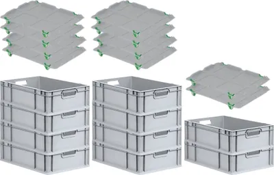 Produktbild von SparSet 10x Eurobox NextGen Economy mit Auflagedeckel und 4x Schiebeschnappverschlüsse Grün | Griffe offen | HxBxT 17x40x60cm | 34 Liter | Eurobehälter, Transportbox, Transportbehälter, Stapelbehälter