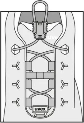 An illustration showing how to lace and fasten a shoe with elastic laces and a locking mechanism.