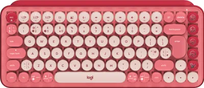 A top-down view of a red Logitech POP keyboard.