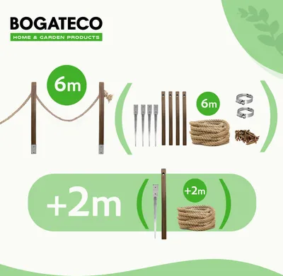 Produktbild von BOGATECO Holzzaun mit Juteseil | Segelzaun 18 m | 13 verschiedene Längen | Montagesatz enthalten