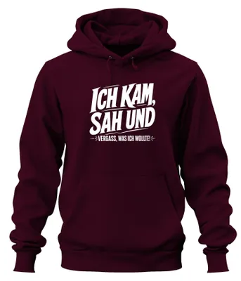 Obrázok produktu pre Ich kam, videl a zabudol. Mikina s kapucňou, sarkastický nápis, humor, bordová farba, veľkosť 3XL