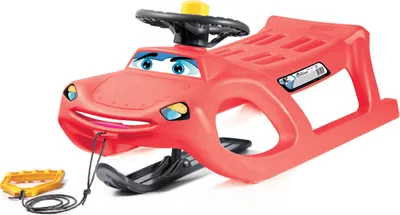 A red plastic sled shaped like a car with a steering wheel and a tow rope with a yellow handle.
