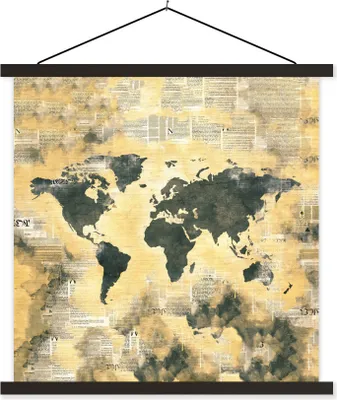 Produktbild von MuchoWow® Textilposter Weltkarte - Vintage - Zeitungen 120x120 cm mit schwarzem Rahmen - Aufhängungsset