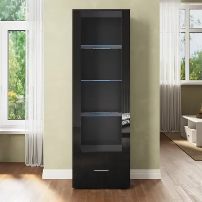 Produktbild von SONNI Vitrinenschrank Schwarz hochglanz 55x35x172cm mit LED beleuchtungm und Schublade，Glasvitrine ，Vitrinen