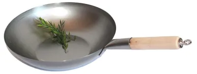 Produktbild von WOK PFANNE 36 cm flacher Boden zum Aufhängen mit Holzgriff und Öse, AAF Nommel®