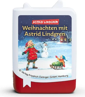 A product image of a white and red audio player with a Christmas-themed illustration on the front.