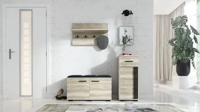 Produktbild von Garderobenset PIK-3, Flurgarderobe, Flurset, 4 Kleiderhaken, Schrank, Wandregal, Schuhschrank, fertig aufgebaut, Farbe: Canyon Eiche