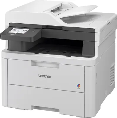 A white Brother multi-function printer is shown from a 3/4 front angle on a white background.