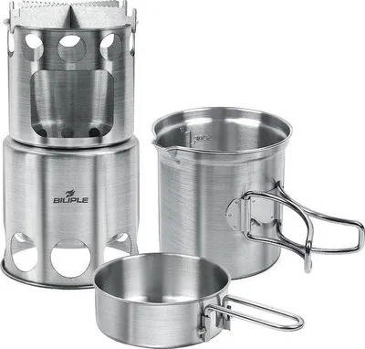 Produktbild von Unyqoos® Tragbarer Camping-Holzofen & Campingkocher, klappbar – Edelstahl 304, 1 L Kochkessel + Campingpfanne, kompakt für Camping, Trekking & Picknick