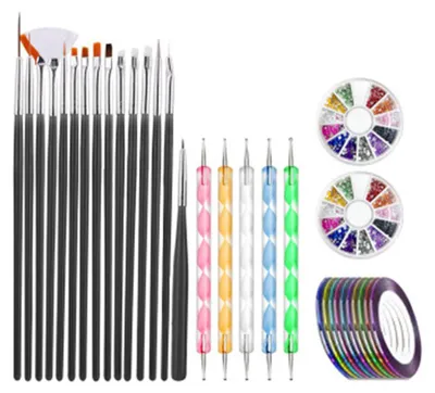 Produktbild von Nagelkunst-Pinselset, 15 Nagelpinsel, 5 Punktierstifte, 10 Rollen Nagelklebeband, 2 Schachteln Strasssteine, ultradünne Pailletten für Nagelkunst-Maniküre