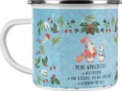 Produktbild von Mr. & Mrs. Panda Kaffeepott Pinguin Wunschliste - Eisblau - Geschenk, Haferl, Weihnachten, Emaille Tasse, Pott, becher, Campingbecher, Teetasse