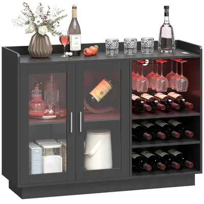Produktbild von Barschrank mit RGB-LED-Beleuchtung und Weinregal fš¹r 12 Flaschen, Weinschrank fš¹r Ess- oder Wohnzimmer, schwarz