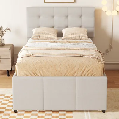 Produktbild von Flieks Polsterbett 90x200cm Einzelbettt mit ausziehbarem Unterbett, Massivholzbett mit Lattenrost und 3 Schubladen, Stauraumbett Gästebett Tagesbett, Beige