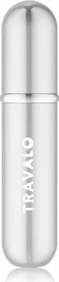 A silver refillable perfume bottle.