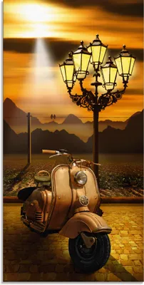 Produktbild von ARTland Glasbild Oldtimer Motorroller romantisch Größe: 50x100 cm