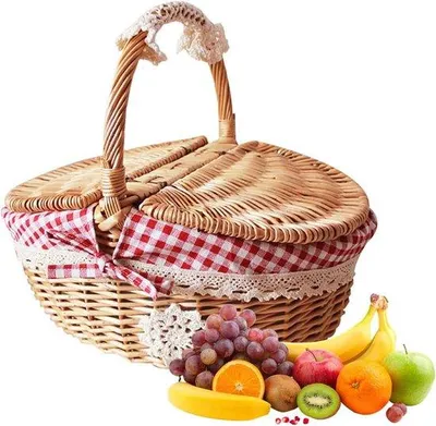 Image de Panier de pique-nique en osier avec couvercle et poignée, panier de pique-nique tressé à la main, tablier fait main, idéal pour les œufs de Pâques, comme boîte de rangement ou panier à vin, panier en osier naturel, panier vide pour pique-nique