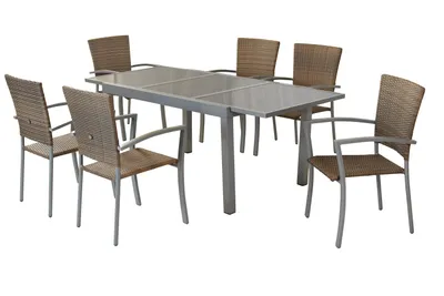Produktbild von Merxx Gartenmöbel Set Savona 7tlg., 6 Stapelsessel, Ausziehtisch 140 (200) x 90 cm, Aluminium/Polyrattan
