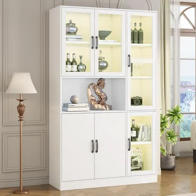 Produktbild von STILVORA Vitrinenschrank mit LED-Licht, Bücherregal mit Türen und Regalen, Vorratsschrank für Wohnzimmer und Schlafzimmer, Weiß