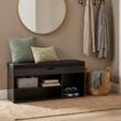 Produktbild von WOHNLING Schuhbank mit Sitzfläche Garderoben-Bank 104x51x32 cm Stoff Schwarz Holzbank Klein Gepolstert Sitzbank Schmal Flur mit Stauraum