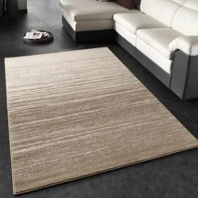 Image de Tapis design moderne à poils courts, velours plat, dégradé de couleurs crème et beige, dimensions 120 x 170 cm