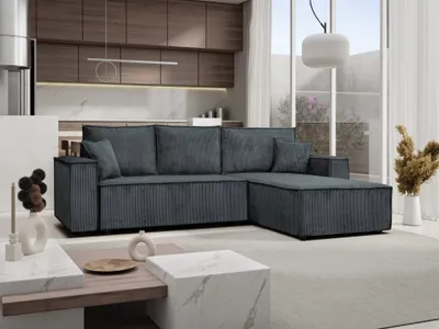 Image de MargaretHadas24 Canapé d'angle Camel en L avec fonction couchage Coffre de rangement Canapé Cord Canapé-lit Canapé d'angle Ottomane universelle 294 cm, Poso 60 - gris foncé