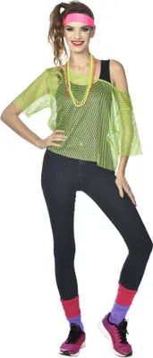 A woman modeling an 80s-themed outfit.