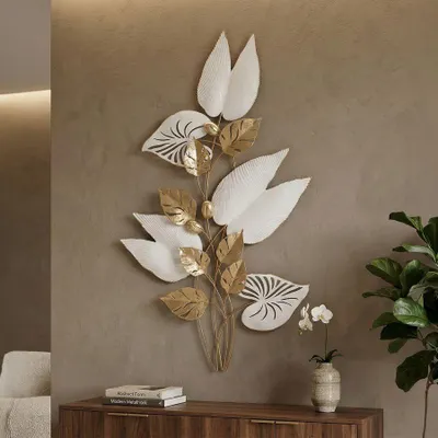 Immagine prodotto di Pannello decorativo a parete, motivo floreale 3D, in ferro, 52,7 x 5,7 x 90,8 cm, bianco e oro, collezione Mauro Ferretti, marchio Pitch