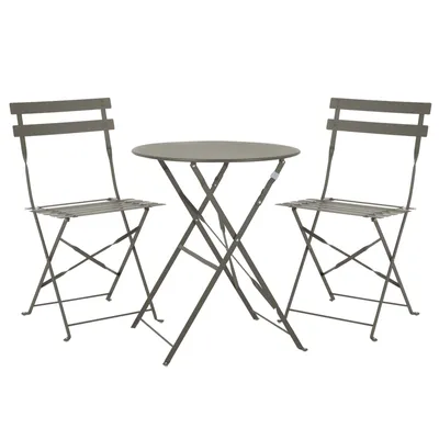 A taupe metal bistro set with a round table and two chairs, displayed on a white background.