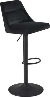 Barhocker Samt Schwarz höhenverstellbar 86-106cm Metallfuß gepolstert in Gesamtansicht mit schwarzem Samtbezug und Metallfuß.