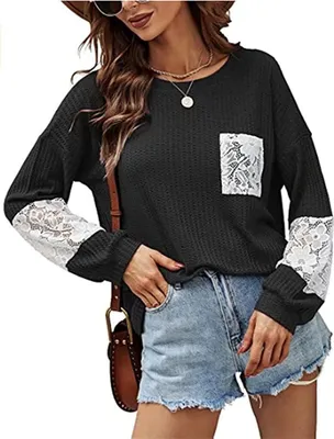 Image de ASKSA Pull femme col rond hiver basique élégant Pull manches longues avec dentelle, Noir, S