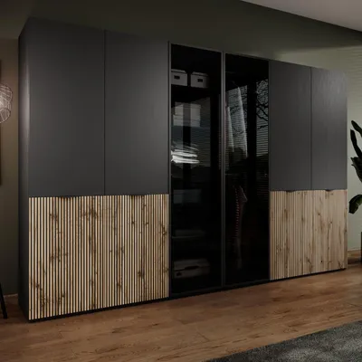 Produktbild von Modularer Kleiderschrank ZEN Schwarz Wotan Eiche & Getöntes Glas Antisol 6-türig Schrank