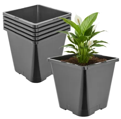 Produktbild von Garronda 5er-Set hohe quadratische Kunststoff-Blumentöpfe mit Drainagelöchern für Garten, Schwarz, 20 x 20 x 23 cm, 5,6 L GD-KW-HS