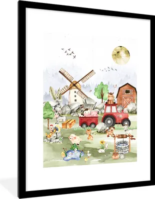 Produktbild von MuchoWow® Gerahmtes Poster Bauernhof - Traktor - Kinder - Tiere 60x80 cm - Poster mit Schwarzem Bilderrahmen Wandposter Rahmen Foto Bilder - Wohnzimmer - Dekorationen - Prämie