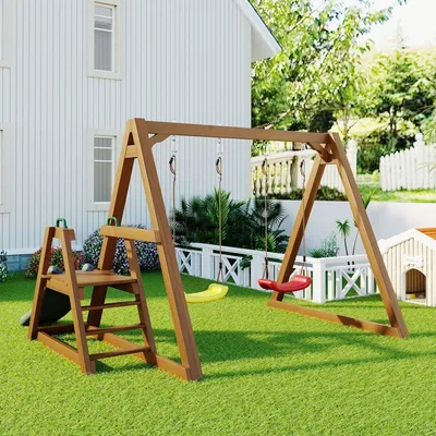 Produktbild von Doppelschaukel 238.5x240x169cm Kinder Robuste Kinderschaukel mit Rutsche und Kletterleiter Outdoor Schaukelgerüst Schaukelgestell Massivholz