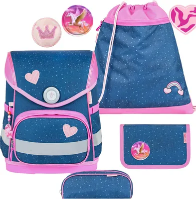 Produktbild von Belmil Compact ergonomisches Schulranzen-Set 5-teilig "Starry Princess" mit Brustgurt, Magnetverschluss, Patch Set 3 Stck