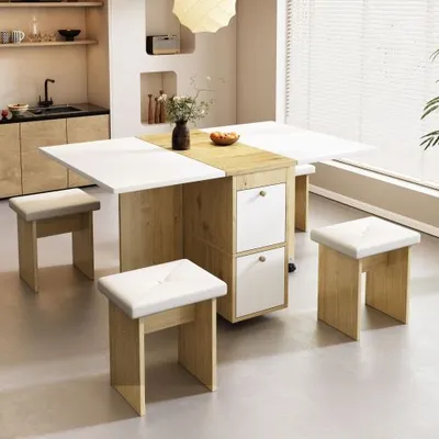 Produktbild von Essgruppe-Set Esstisch mit 4 Stuehlen klappbarer Esstisch 120x80x75cm Multifunktionaler ausziehbarer Esstisch Esszimmerstuhl Weiss + Eiche + Schwarz