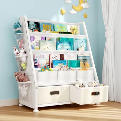 Image de Étagère pour enfants avec 2 boîtes et 3 compartiments en tissu, de couleur blanche, dimensions : 63 x 30 x 73 cm