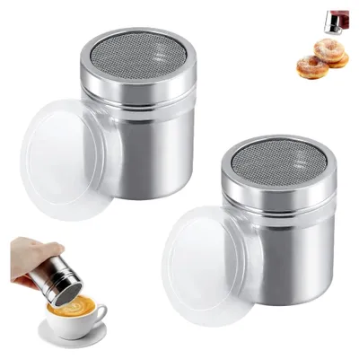 Produktbild von Edelstahl Streuer, 2 Stück Puderzuckerstreuer mit Deckel, Kakaostreuer, Staubzuckerstreuer, Puderzucker Sieb für Kakao, Kaffee, Schokolade, Zucker, Salz, Mehl