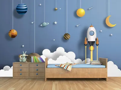 Produktbild von Wanddekoration: Tapete für Kinder mit Planeten- und Raketenthema