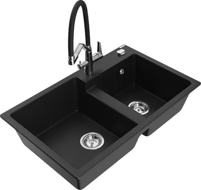 Produktbild von Mexen Tomas 2-Becken-Granitspüle mit Mischbatterie Duo, Schwarz - 6516-77-671701-07