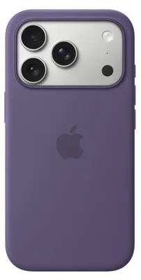 A back view of a purple iPhone case with a camera bump and an Apple logo.